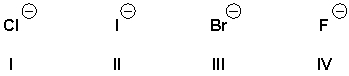Arrange the leaving groups in order of increasing leaving group ability (least first) .   A)  IV, I, III, II B)  III, I, IV, II C)  II, IV, I, III D)  II, III, I, IV