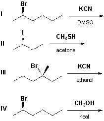 Which reactions will proceed with inversion of configuration?   A)  I, II B)  III, IV C)  II, III D)  I, IV