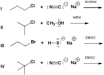 Which of the reactions below is most likely to proceed via an S<sub>N</sub>1 mechanism?   A)  I B)  II C)  III D)  IV