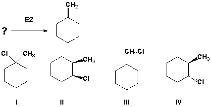 Which of the following alkyl halides yields the product shown as the only possible product of an E2 reaction?    A)  I B)  II C)  III D)  IV