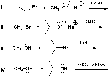 Which reaction below should give the best yield of isopropyl methyl ether?   A)  I B)  II C)  III D)  IV