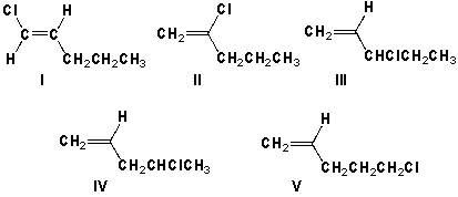 Which structures are chiral?   A)  I, II, V B)  I, II C)  II, II, IV D)  III, IV
