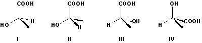 Which forms of lactic acid are R forms?   A)  I, II B)  III, IV C)  II, III D)  I, IV