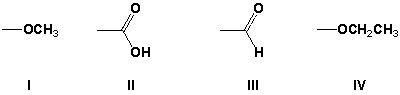 Rank the following substituents in order of decreasing priority (highest first) .   A)  II, III, IV, I B)  III, IV, I, II C)  IV, III, II, I D)  IV, I, II, III