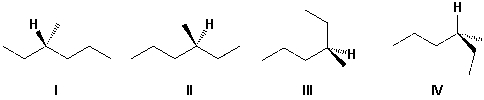 Which structures represent R-3-methylhexane? Help: Build the structures using a molecular model.   A)  III, IV B)  I, II C)  I, III D)  II, IV