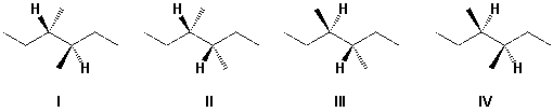 Which structure is correctly named 3S,4S-3,4-dimethylhexane ?   A)  I B)  II C)  III D)  IV