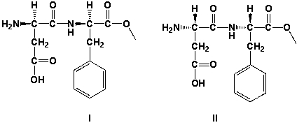Aspartame is an artificial, non-saccharide sweetener. It is made from two amino acids: phenylalanine (methyl ester)  and aspartic acid. Both aminoacids have one stereocenter. Both stereocenters have S-stereoconfiguration. Which of the two structures is aspartame?   A)  both structures are correct B)  I C)  II D)  Neither structure is correct.