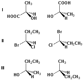 Which pair of structures are enantiomers?   A)  I, II B)  II, III C)  I, III D)  I, II, III