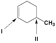 Which are the approximate carbon-carbon bond angles at positions I and II in the following compound? The requested sequence is I,II.   A)  109°, 109° B)  120°, 180° C)  120°, 109° D)  109°, 120°