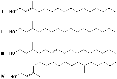 Phytol (IUPAC name: (E) -3,7,11,15-tetramethylhexadec-2-en-1-ol)  is a unsaturated long chain alcohol found in all plants bound to chlorophyll. Which of the following molecules is phytol?   A)  I B)  II C)  III D)  IV