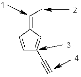 The approximate bond angles of the indicated carbons are 1) ___, 2) ___, 3) ___, 4) ___.   