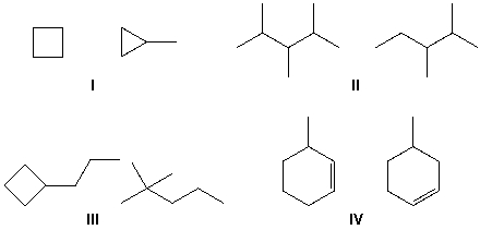 Which pairs of molecules are constitutional isomers?   A)  I, IV B)  I, II C)  II, III D)  III, IV