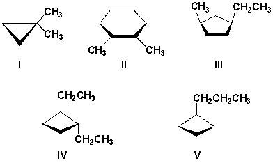 Which cycloalkanes can exist as either cis- or trans-isomers?   A)  I, V B)  I, II, V C)  II, III, V D)  II, III, IV
