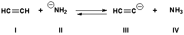 What is the stronger acid in the following reaction if the equilibrium constant is approximately 10<sup>8</sup>.   A)  I B)  II C)  III D)  IV