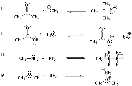 Which are acid-base reactions according to Lewis theory but not according to the Brønsted-Lowry theory?   A)  I, II B)  III, IV C)  I, III, IV D)  I, II, III, IV
