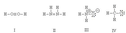 Which Lewis structures are correct? HINT: Perform a total valence count and check formal charges.   A)  I, II B)  II, IV C)  III, IV D)  I, III