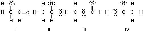 Which is the correct Lewis structure for acetic acid (CH<sub>3</sub>CO<sub>2</sub>H) ?   A)  I B)  II C)  III D)  IV