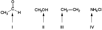 Using the VSEPR model, predict which atoms have bond angles of about 120°.   A)  II, IV B)  I, IV C)  II, III D)  I, III