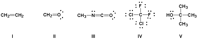 Using the VSEPR model, predict which molecules have bond angles of about 109°.   A)  II, IV B)  I, II, III C)  III, IV, V D)  II, III, IV