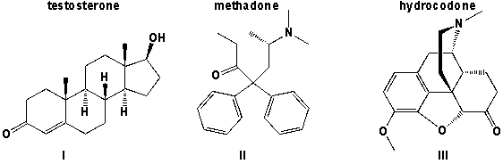 Which of the three molecules (testosterone, methadone and hydrocodone)  contains a ketone?   A)  I,II B)  III C)  II,III D)  I, II, III