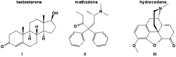 Which of the three molecules testosterone, methadone and hydrocodone contains a hydroxyl group.   A)  I B)  I, III C)  II,III D)  I, II, III