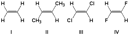 Which compound has the least exothermic (least negative)  heat of hydrogenation?   A)  I B)  II C)  III D)  IV