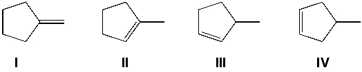 Which compound does not give two stereoisomers when reacted with Cl<sub>2</sub>/CCl<sub>4</sub>?   A)  I B)  II C)  III D)  IV