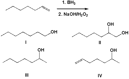 The hydroboration and subsequent oxidation of 1-heptene leads to which of the following products?   A)  I B)  II C)  III D)  IV