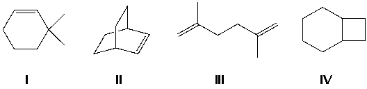 Compound X has a molecular formula C<sub>8</sub>H<sub>14</sub> and reacts with H<sub>2</sub>/Pt to give compound Y, C<sub>8</sub>H<sub>16</sub>. Which is compound X?   A)  I B)  II C)  III D)  IV