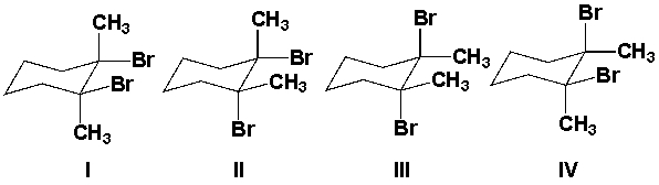 Which is the major product from the reaction of 1,2-dimethylcyclohexene with Br<sub>2</sub>?   A)  I and III B)  II and IV C)  II and III D)  III and IV