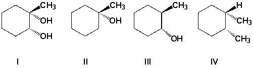 Which is the product of the reaction of 1-methylcyclohexene with H<sub>2</sub>O/H<sub>2</sub>SO<sub>4</sub>?   A)  I B)  II C)  III D)  IV