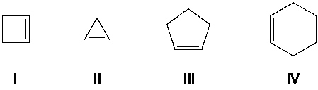 Which compound has the most exothermic (most negative)  heat of hydrogenation?   A)  I B)  II C)  III D)  IV