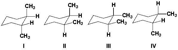 Which are the major products from the reaction of 1,2-dimethylcyclohexene with H<sub>2</sub>/Pt?   A)  I and III B)  II and IV C)  II and III D)  III and IV