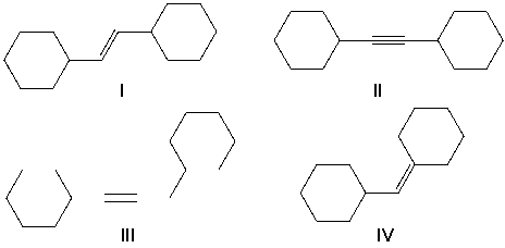 Ethynylcyclohexane reacts with sodium amide. The product of that reaction then reacts with bromocyclohexane. What is the main product that is formed?     A)  I B)  II C)  III D)  IV