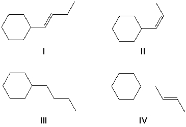 1-Cyclohexyl-1-butyne reacts with molecular hydrogen under pressure in the presence of a platinum catalyst. What reaction product is formed?     A)  I B)  II C)  III D)  IV