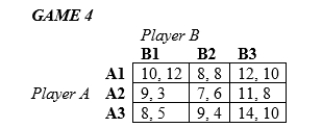 In the following games, all payoffs are listed with the row player's payoffs first and the column player's payoffs second.   -Suppose in Game 4 above that the players make their choices sequentially, with Player A choosing first. The Nash equilibrium in this game will be, A) Player A choosing A1 and Player B choosing B1. B) Player A choosing A1 and Player B choosing B3. C) Player A choosing A3 and Player B choosing B1. D) Player A choosing A3 and Player B choosing B3.