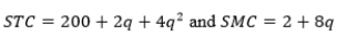 <strong>  , where q is output. Sunk fixed costs are 56 and nonsunk fixed costs are 144. What is the minimum level of average nonsunk cost?</strong> A)6 B)50 C)56 D)144 <div style=padding-top: 35px> 