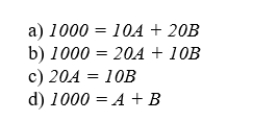 Suppose the price of is $20 per unit, the price of is $10 per unit, and the consumer's income is $1000 per month. The equation of the budget line is