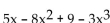 Identify the degree of each term and the degree of the polynomial. -  A)  5, -8, 9, -3; 5 B)  3, 2, 1, 0; 3 C)  1, -2, 0, -3; 1 D)  1, 2, 0, 3; 3