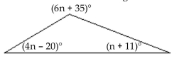 Solve the problem. -Find the measure of each angle in the triangle.   A)  56°, 84°, 14° B)  36°, 119°, 25° C)  36°, 29°, 25° D)  54°, 119°, 25°