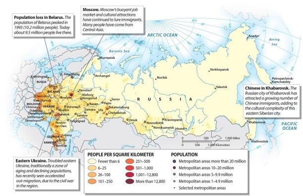 The highest population densities in the Russian Domain are found in which part of the region?   A) the coastal areas around the Sea of Okhotsk B) the eastern-most part of the region C) the southeastern part of the region D) Siberia E) the western-most part of the region