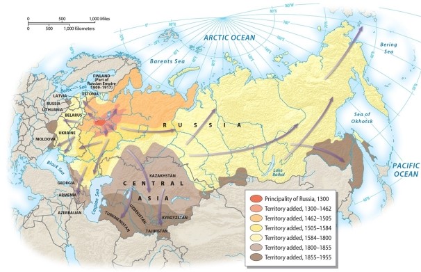 The pattern of expansion of the Russian Empire was characterized by which of the following?   A) rapid expansion to the south B) rapid expansion in all directions simultaneously C) slow but steady expansion to the east D) rapid expansion to the west E) expansion northward into the Arctic