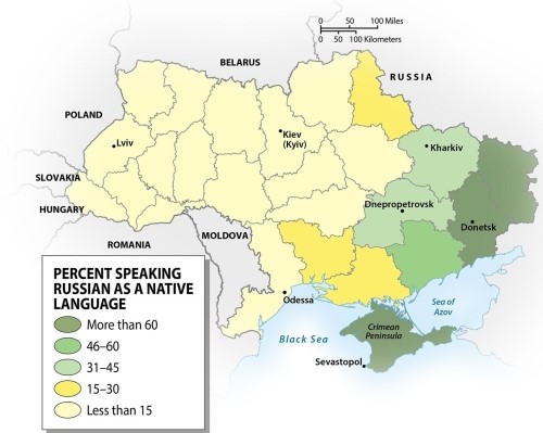In Ukraine, Russian speakers are largely found in what part of the country?   A) northern B) western C) southern D) the areas around the capital city of Kiev E) eastern