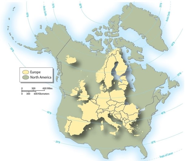 How does Europe compare in size (area) to the United States?   A) It is the largest continent on the planet, far larger than the United States. B) It is equal in size to the continental United States plus Alaska and Hawaii. C) It is roughly two-thirds of the United States. D) It is about the size of the state of Texas. E) It is the same size as the United States.
