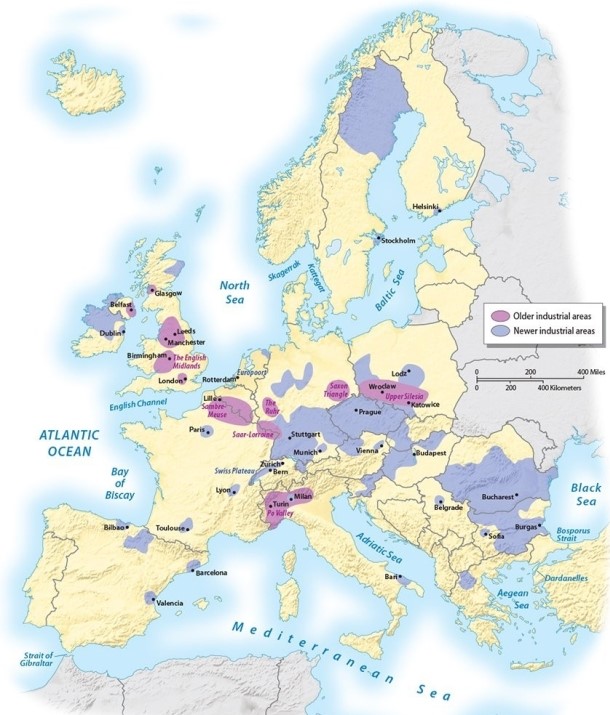 Which of the following is NOT a traditional industrial region of Europe?   A) Spanish-Portuguese borderlands B) Ruhr Valley of Germany C) Saar-Lorraine on the German-French border D) English Midlands E) Upper Silesia of Poland