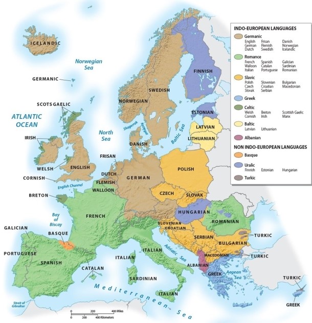 Describe the major language families present in Europe. How do groups within these families use language to differentiate themselves culturally?   