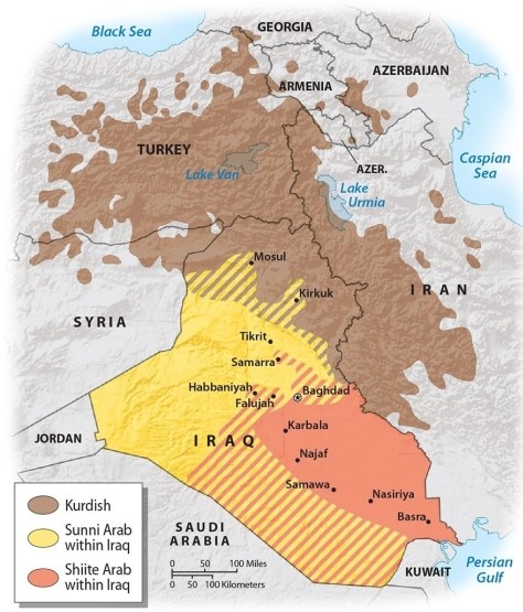 Which of the following statements is TRUE about the political geography of Iraq?   A) Sunni Arabs dominate southern Iraq while Shi'ite Arabs dominate northern Iraq B) Kurdish separatists dominate the northern third of Iraq while Sunni Arabs dominate the remainder of Iraq C) southern Iraq is dominated by separatist Kurdish nationalists, while northern Iraq is largely dominated by Sunni Arabs D) Kurdish separatists dominate the northern third of Iraq while Shi'ite Arabs dominate the remainder of Iraq E) Kurdish separatists dominate the northern third of Iraq while Sunni Arabs dominate the central and western part of Iraq, and Shi'ite Arabs are most numerous in the southern half of the country, south of Baghdad