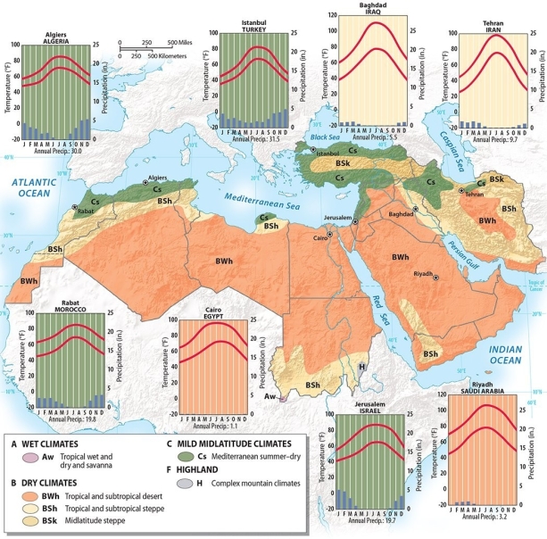 In what parts of Southwest Asia and North Africa would you expect the least rain to fall? The most? Why?   