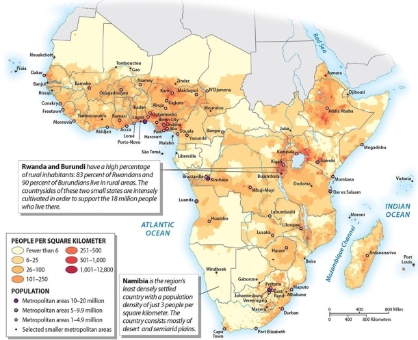 Which of the following locations is NOT a major population cluster within sub-Saharan Africa?   A) the lake District of Rwanda, Burundi, Uganda and western Kenya B) the Niger Delta of Nigeria C) the rift valleys of Ethiopia D) the coastline of West Africa (Ghana, Ivory Coast, Senegal)  E) the Namibian Desert