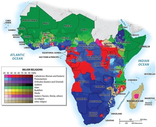 Which of the following statements is TRUE regarding major religions within Africa?   A) the majority of sub-Saharan Africa is Christian B) the majority of sub-Saharan Africa is neither Christian nor Muslim C) the majority of northern Africa is Muslim while the majority of southern Africa is Christian D) the majority of northern Africa is Christian while the majority of southern Africa is Muslim E) the majority of sub-Saharan Africa is Muslim